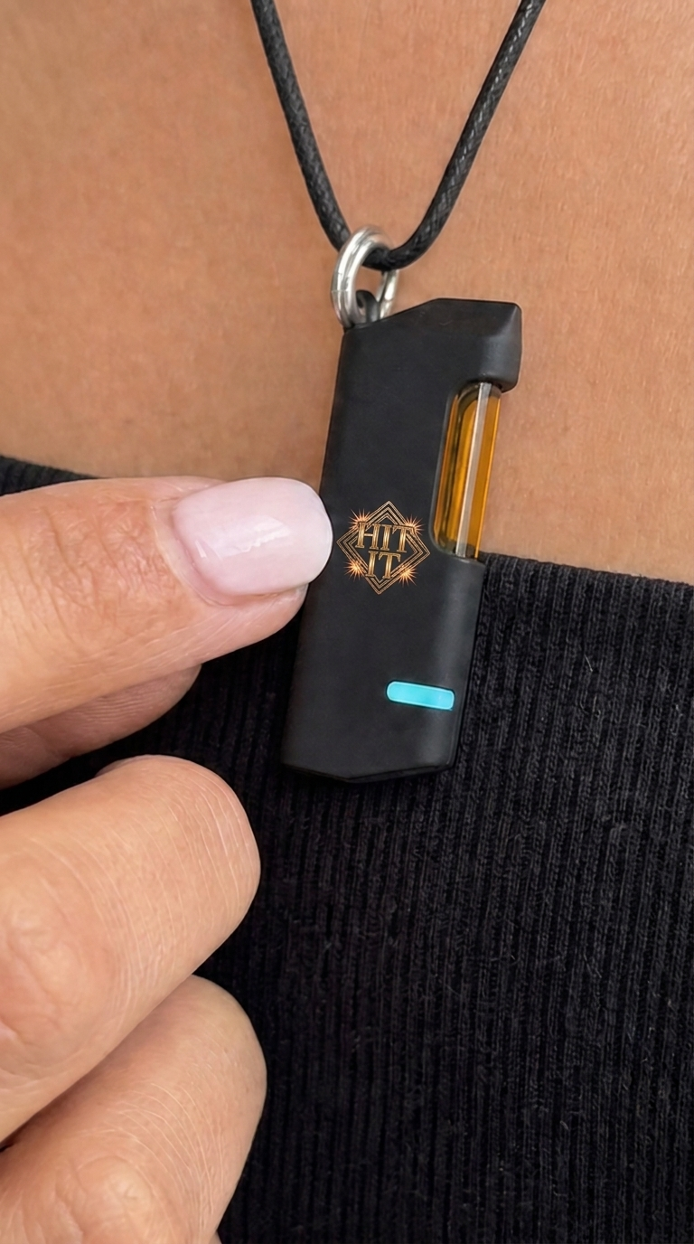 HIT IT wearable vape pendant held in fingers